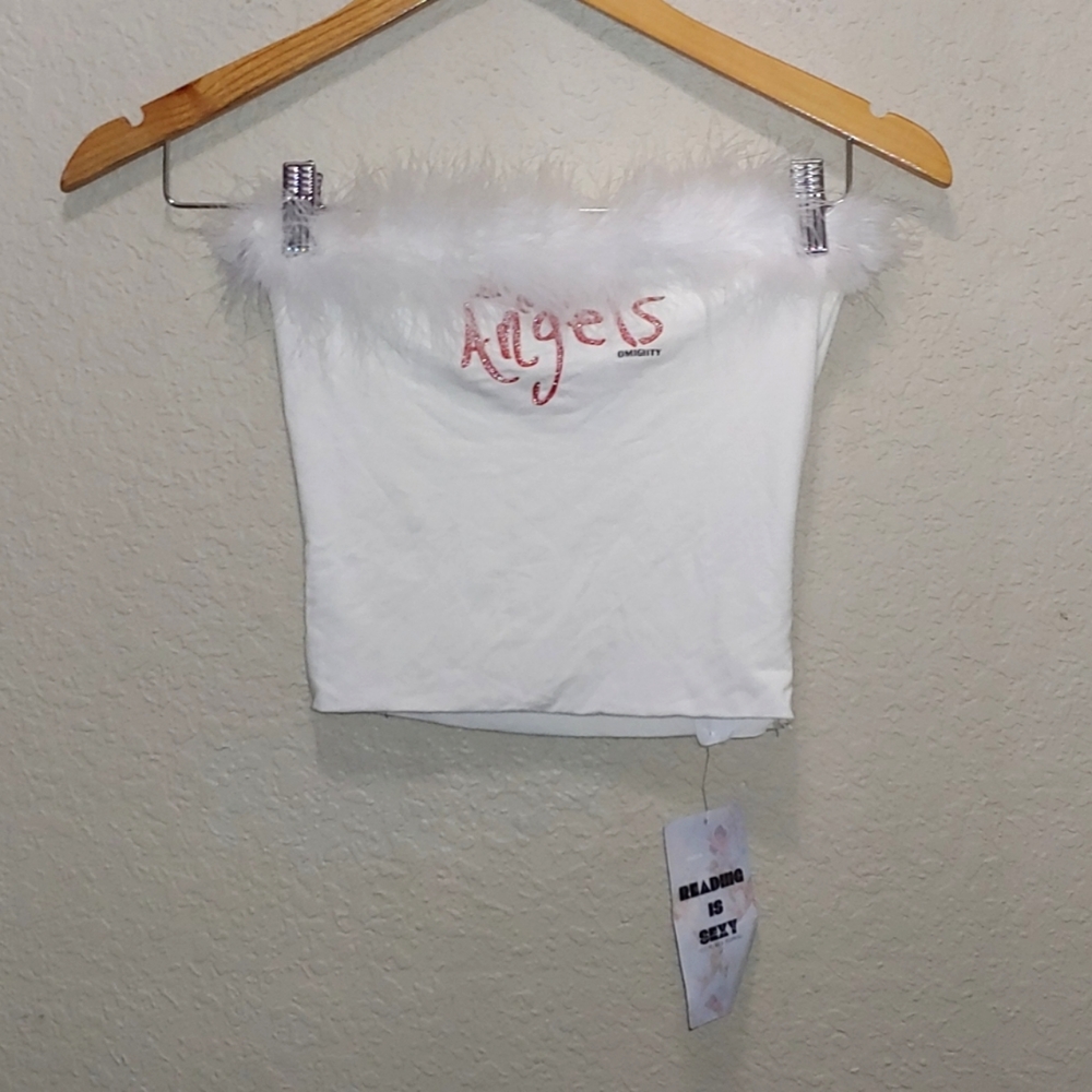 omighty White Feather Trim 'Angels' Crop Top with Pink Script